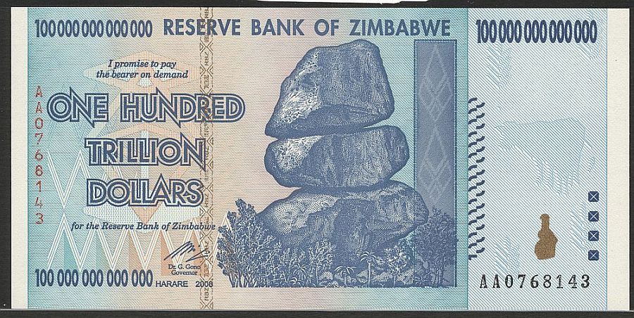 2008 Reserve Bank of Zimbabwe $100,000,000,000,000 Note (One Hundred Trillion Dollars), GemCU